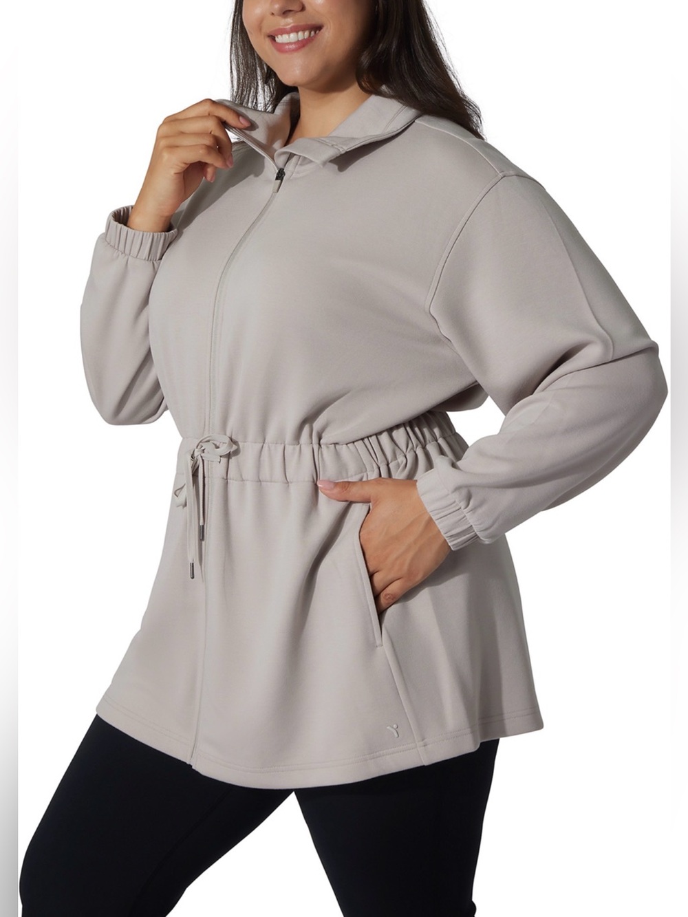 YOGALICIOUS Plus size Light Gray Drawstring Waist Zip-Front Women’s Top.